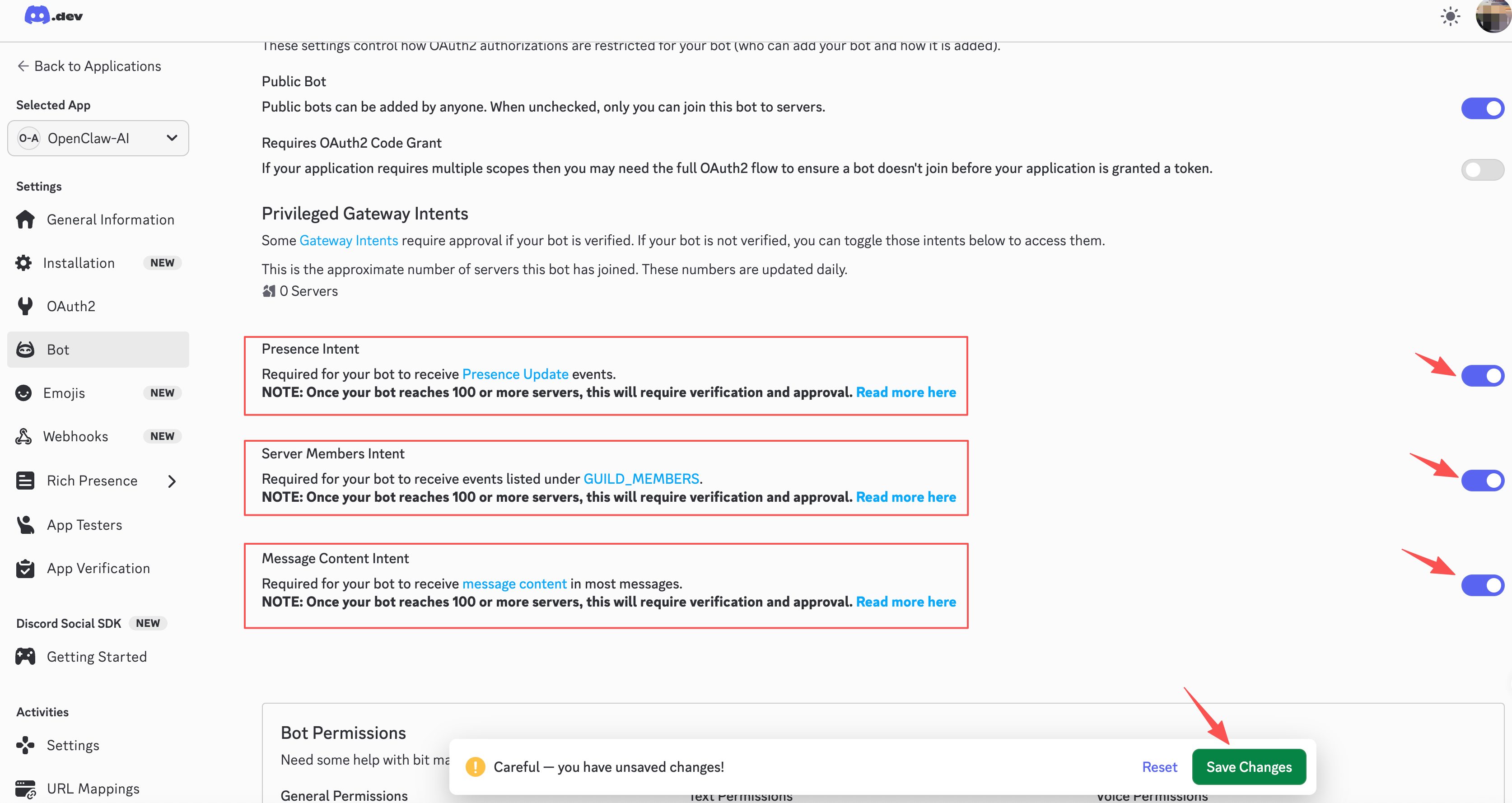 Discord Bot intents 配置截图
