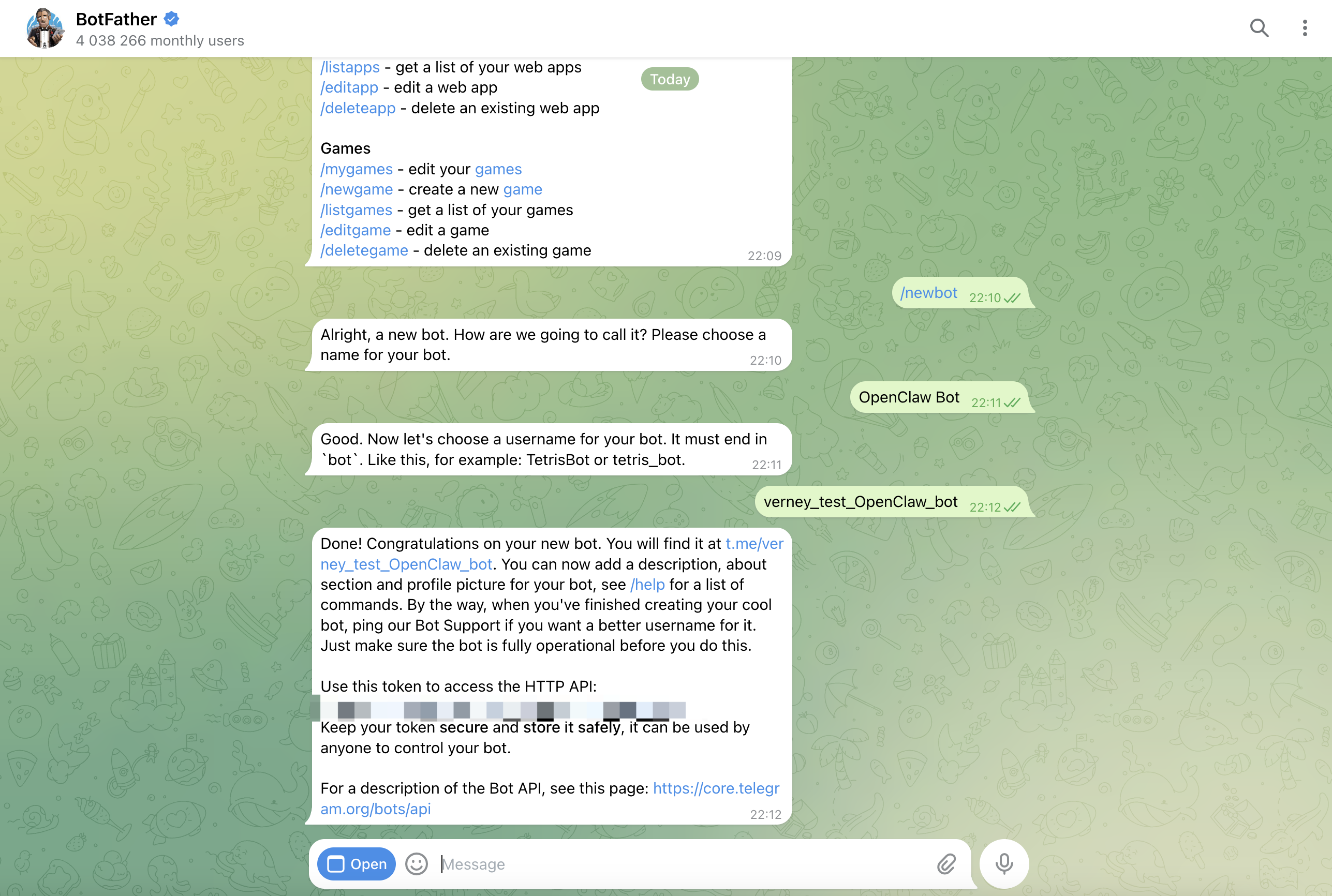 BotFather 创建 Telegram Bot 并返回 Token