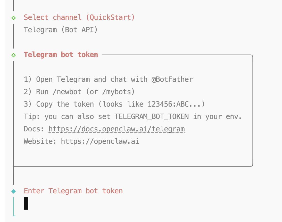 Onboarding 中输入 Telegram Bot Token